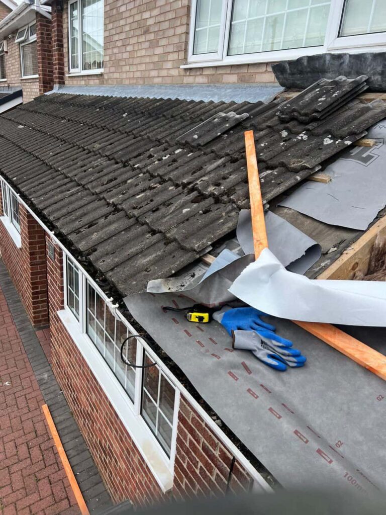 This is a photo of a pitched roof which is being repaired. The existing roof was leaking badly. Works carried out by Godstone Roofing Repairs